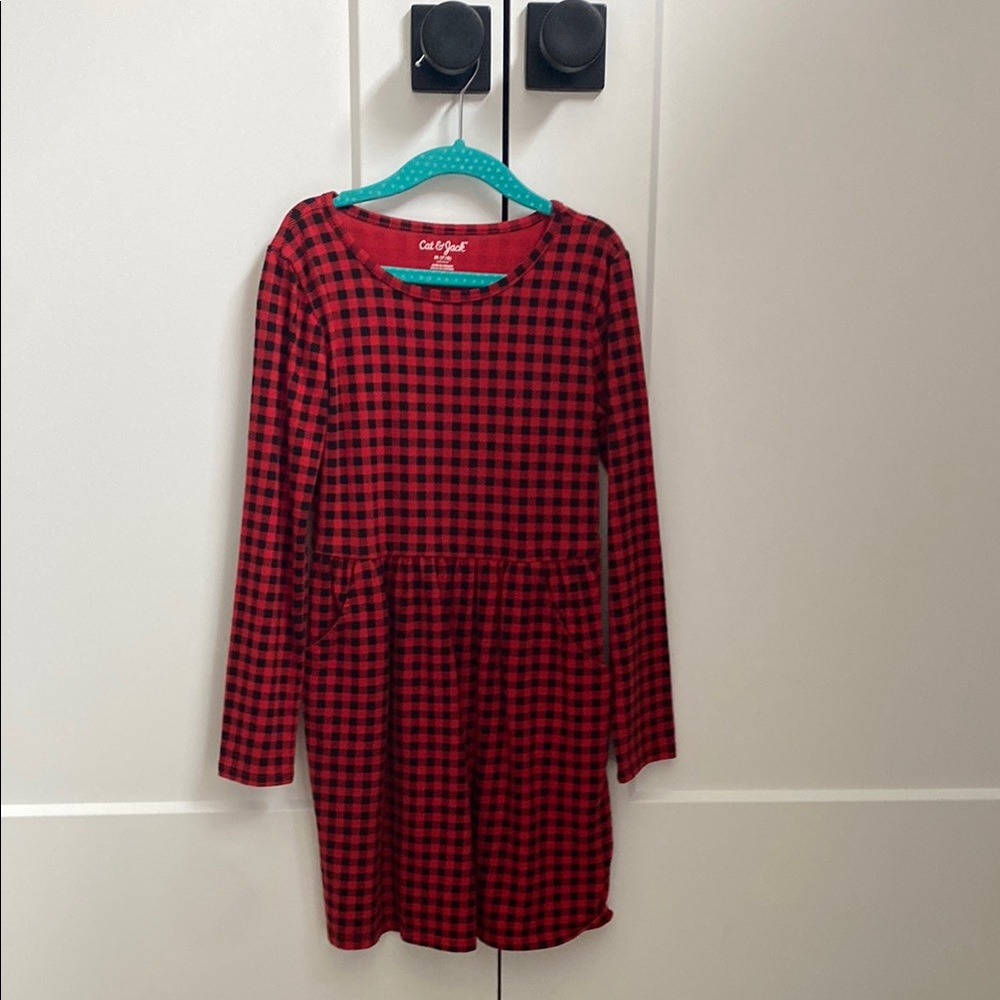 Cat & Jack Red Plaid Kids Dress 7/8 medium girls